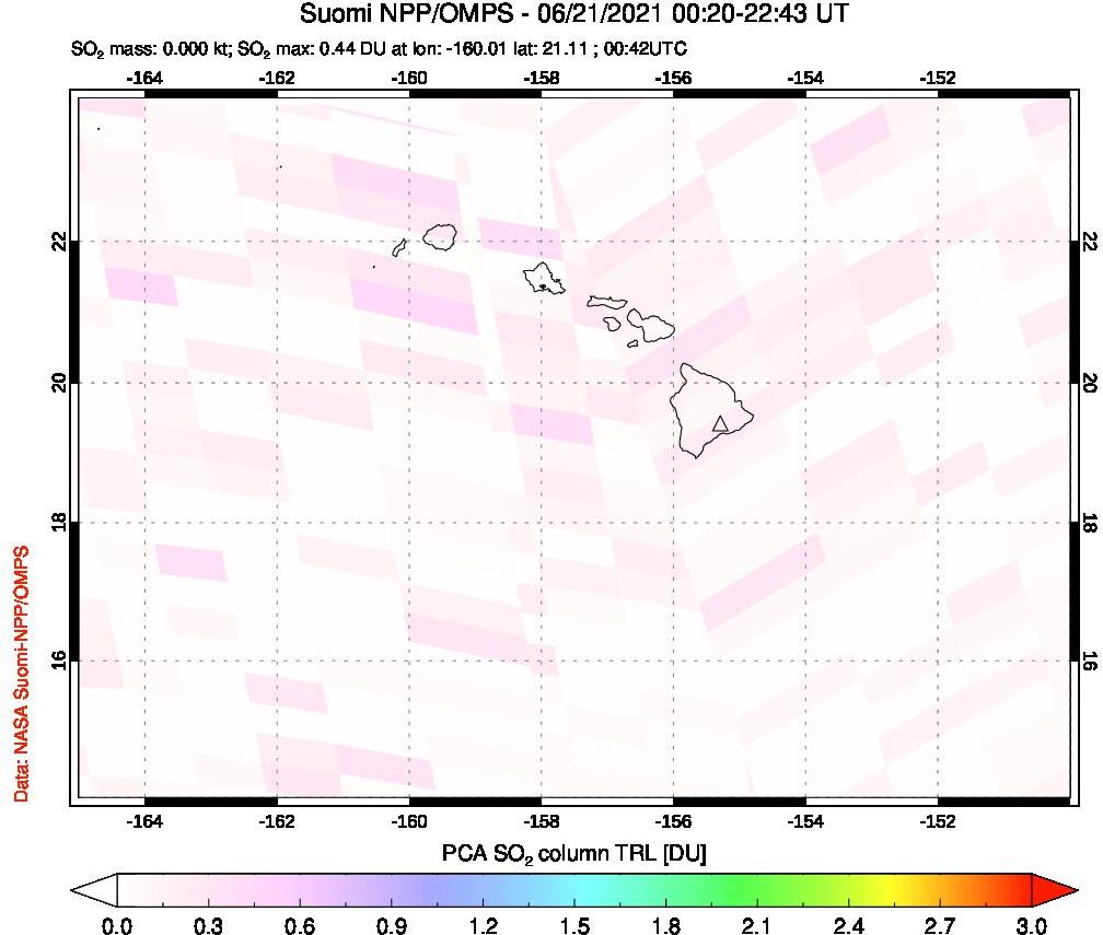 A sulfur dioxide image over Hawaii, USA on Jun 21, 2021.
