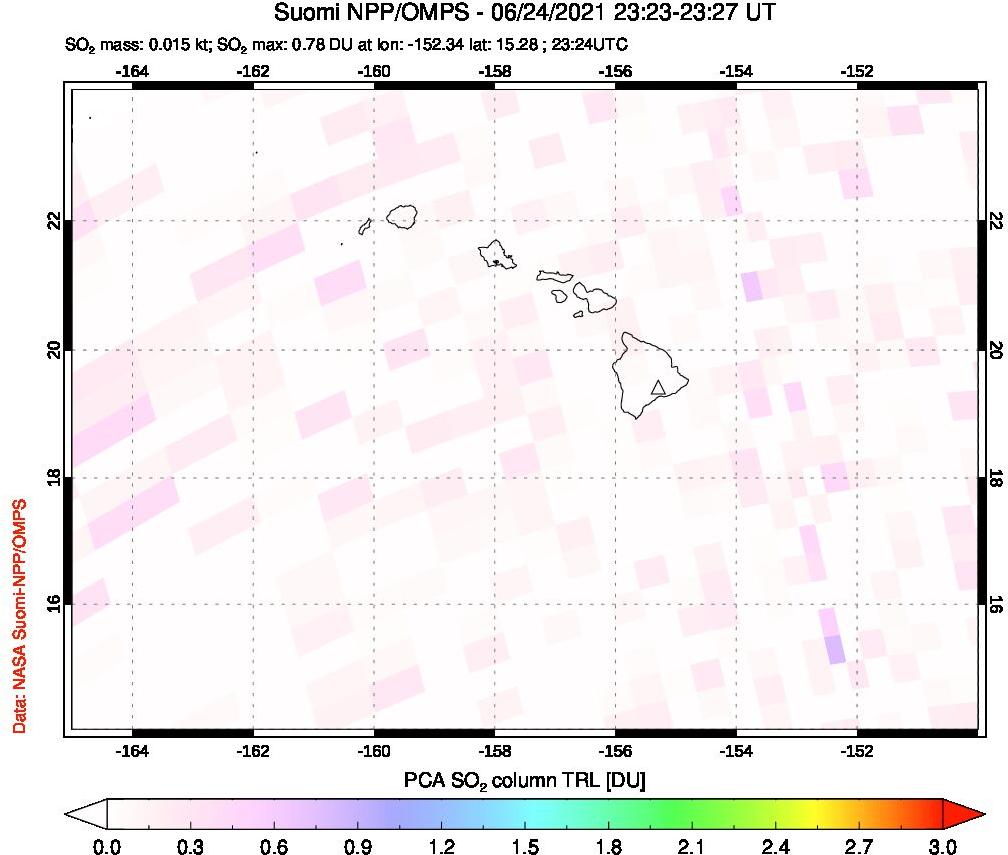 A sulfur dioxide image over Hawaii, USA on Jun 24, 2021.
