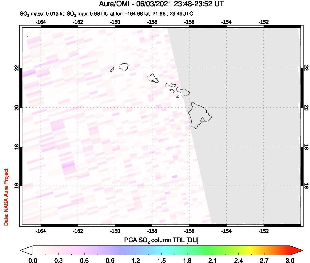 A sulfur dioxide image over Hawaii, USA on Jun 03, 2021.