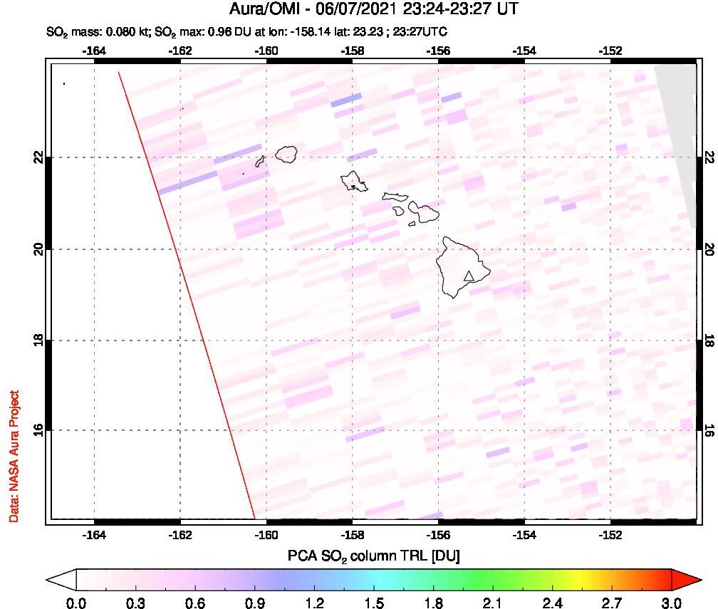 A sulfur dioxide image over Hawaii, USA on Jun 07, 2021.
