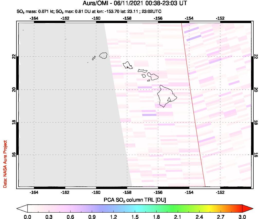 A sulfur dioxide image over Hawaii, USA on Jun 11, 2021.