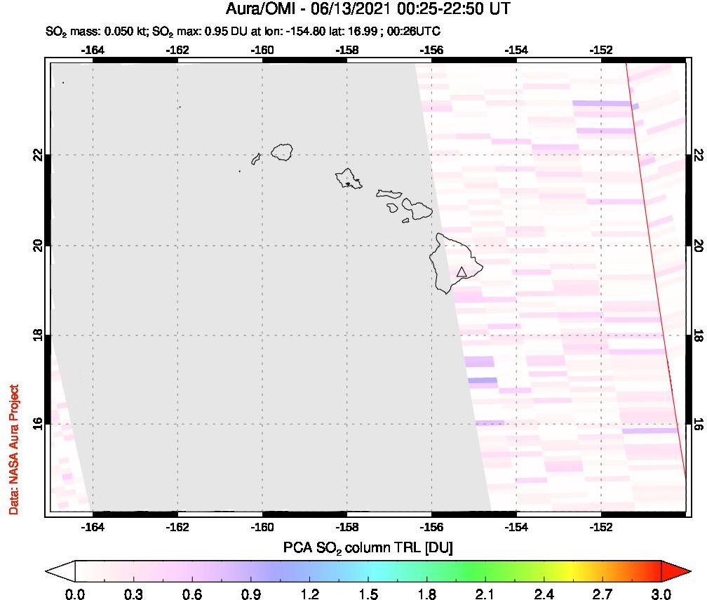 A sulfur dioxide image over Hawaii, USA on Jun 13, 2021.