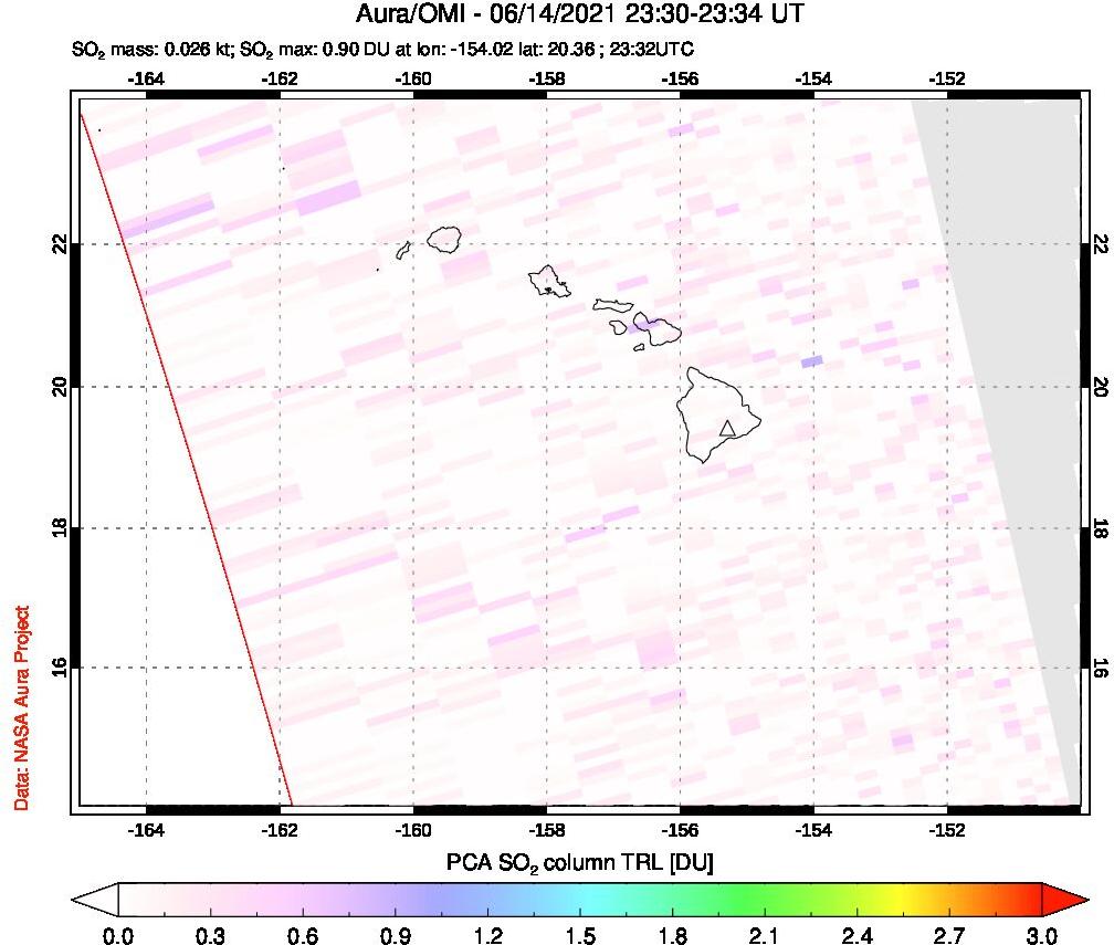 A sulfur dioxide image over Hawaii, USA on Jun 14, 2021.
