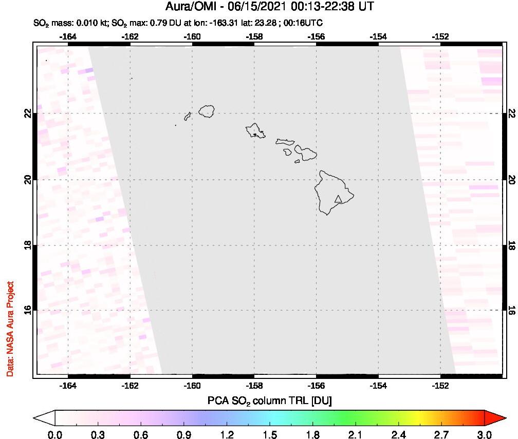 A sulfur dioxide image over Hawaii, USA on Jun 15, 2021.