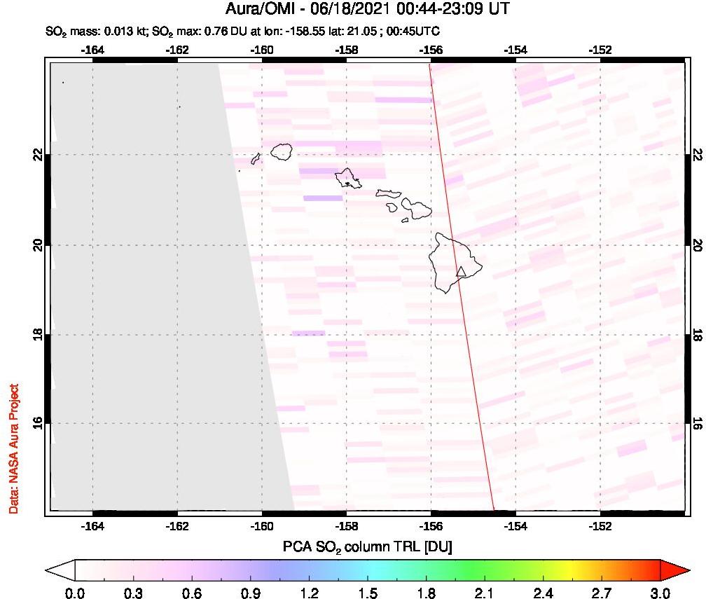 A sulfur dioxide image over Hawaii, USA on Jun 18, 2021.