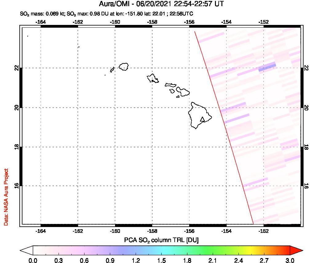 A sulfur dioxide image over Hawaii, USA on Jun 20, 2021.