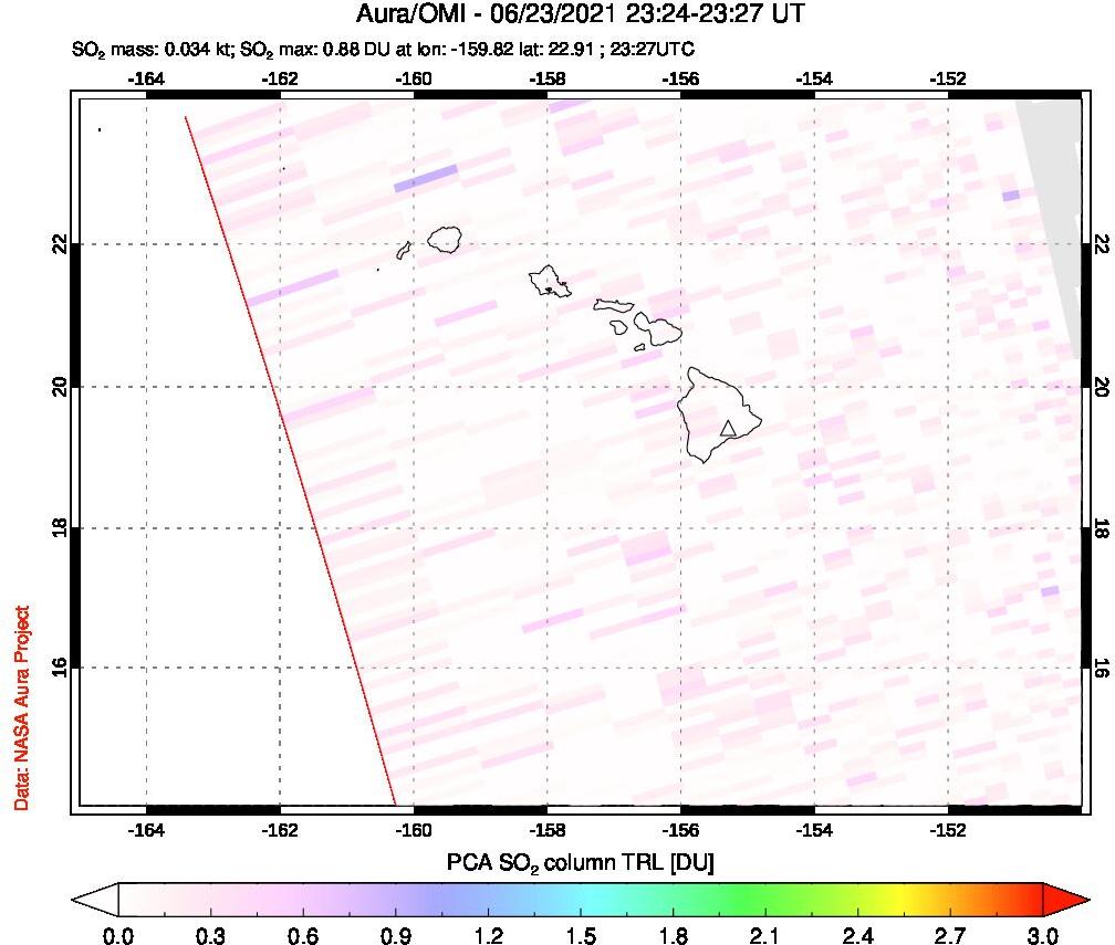 A sulfur dioxide image over Hawaii, USA on Jun 23, 2021.