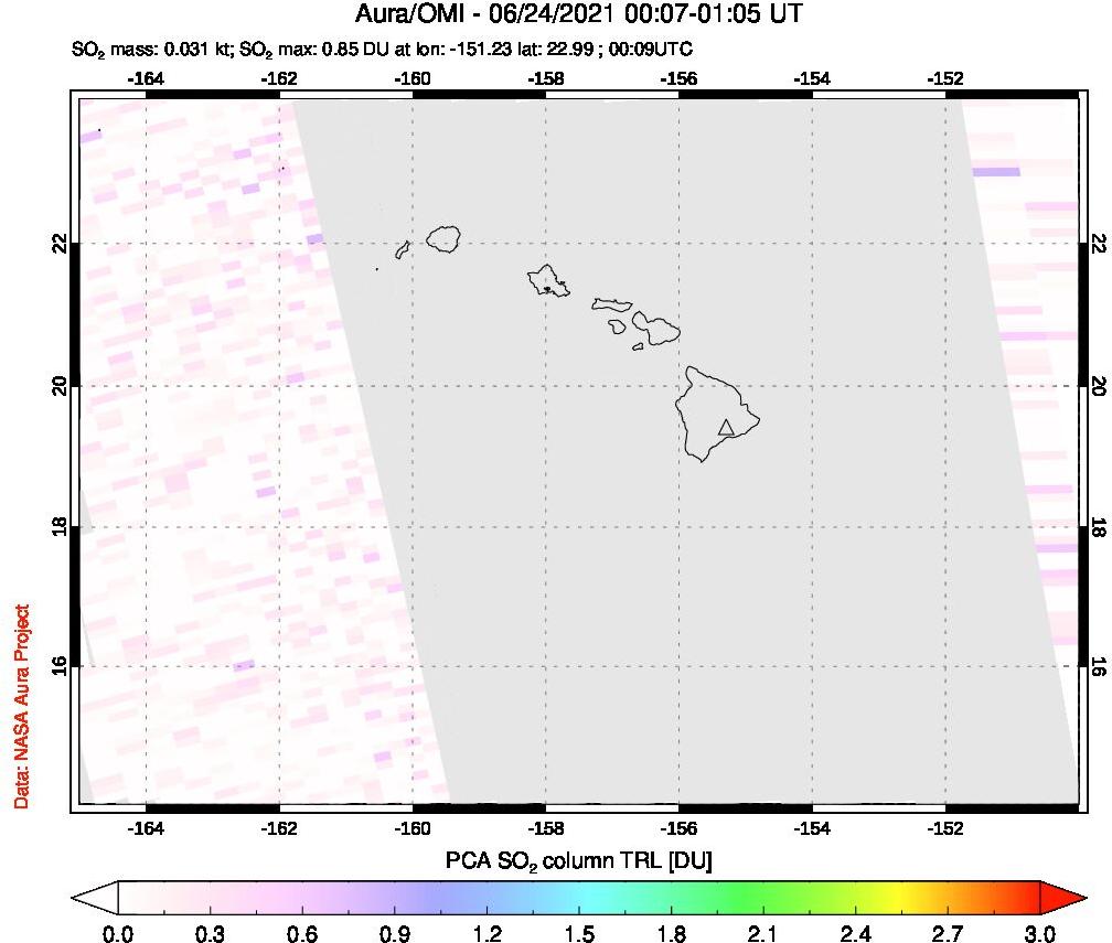 A sulfur dioxide image over Hawaii, USA on Jun 24, 2021.