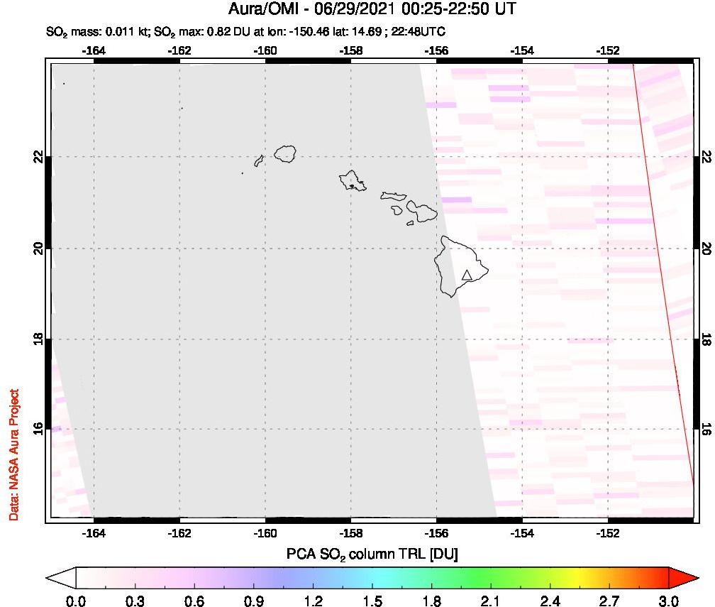 A sulfur dioxide image over Hawaii, USA on Jun 29, 2021.