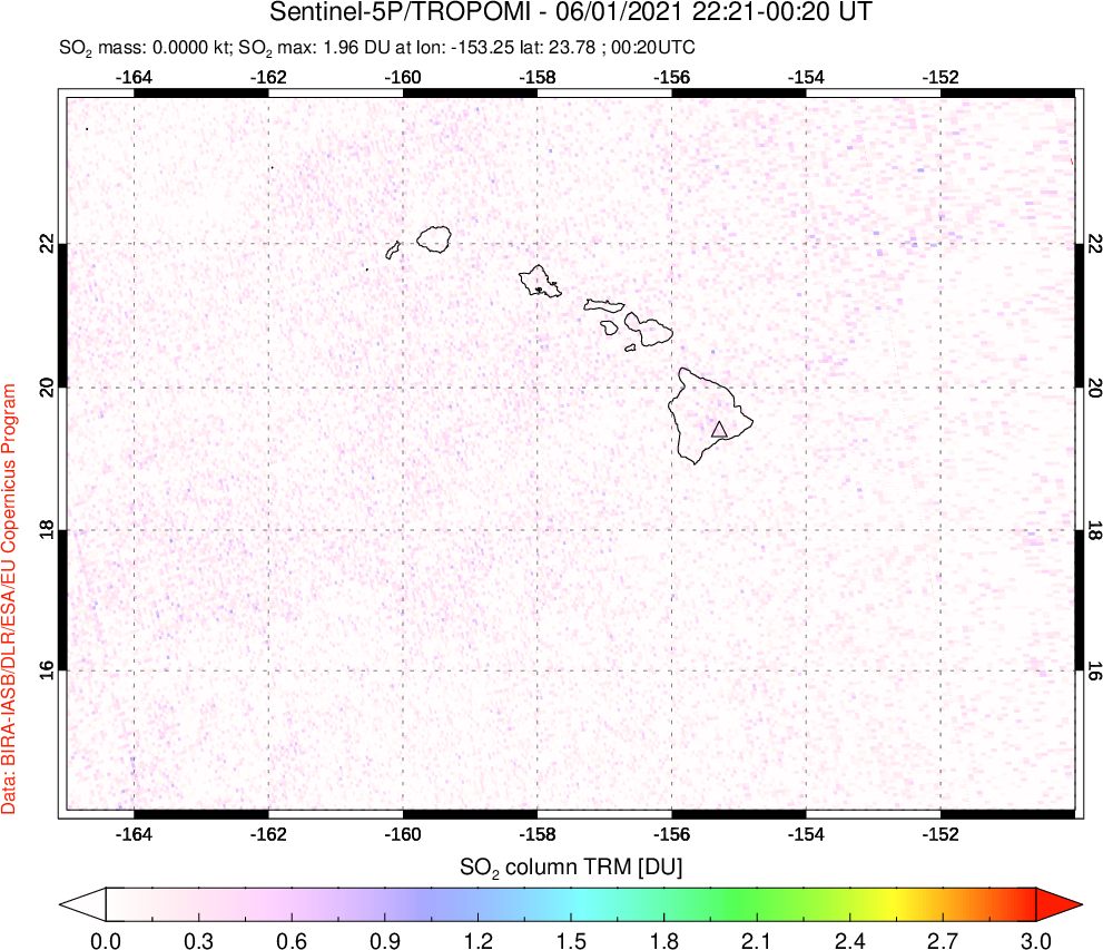 A sulfur dioxide image over Hawaii, USA on Jun 01, 2021.