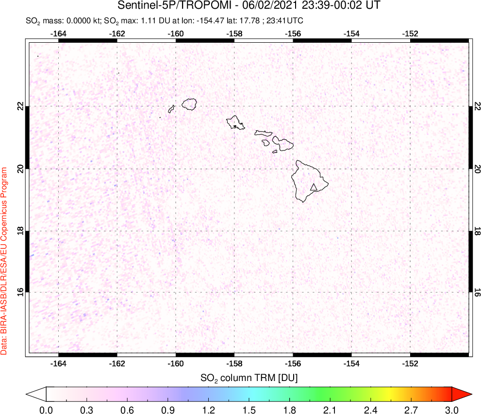 A sulfur dioxide image over Hawaii, USA on Jun 02, 2021.