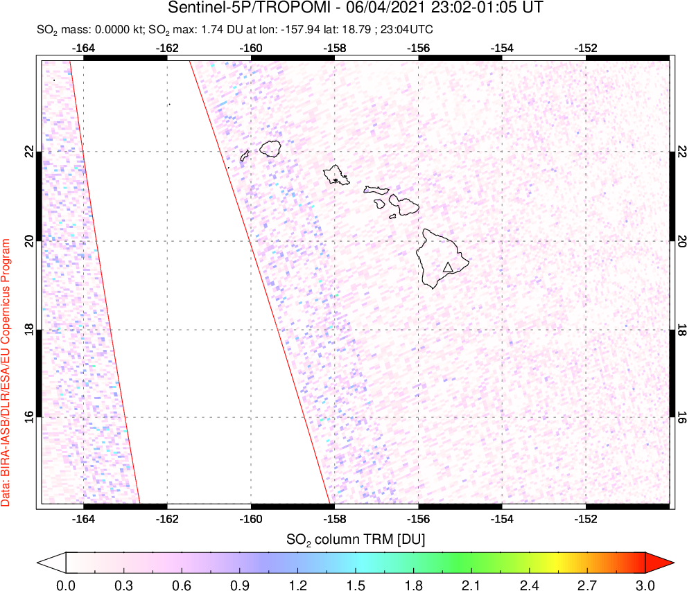 A sulfur dioxide image over Hawaii, USA on Jun 04, 2021.