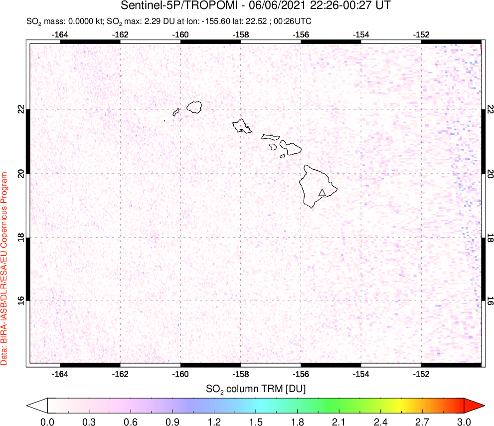 A sulfur dioxide image over Hawaii, USA on Jun 06, 2021.
