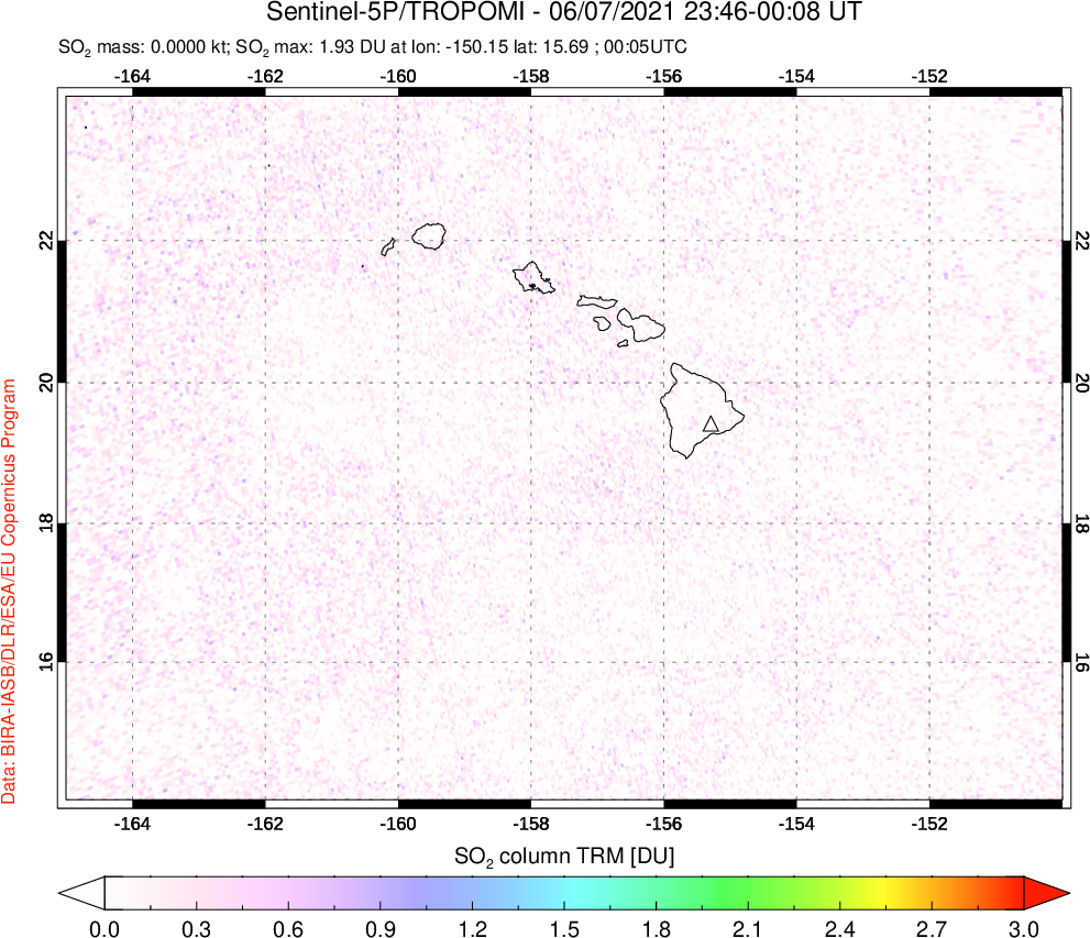 A sulfur dioxide image over Hawaii, USA on Jun 07, 2021.