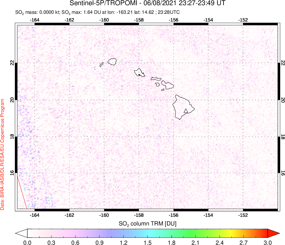 A sulfur dioxide image over Hawaii, USA on Jun 08, 2021.
