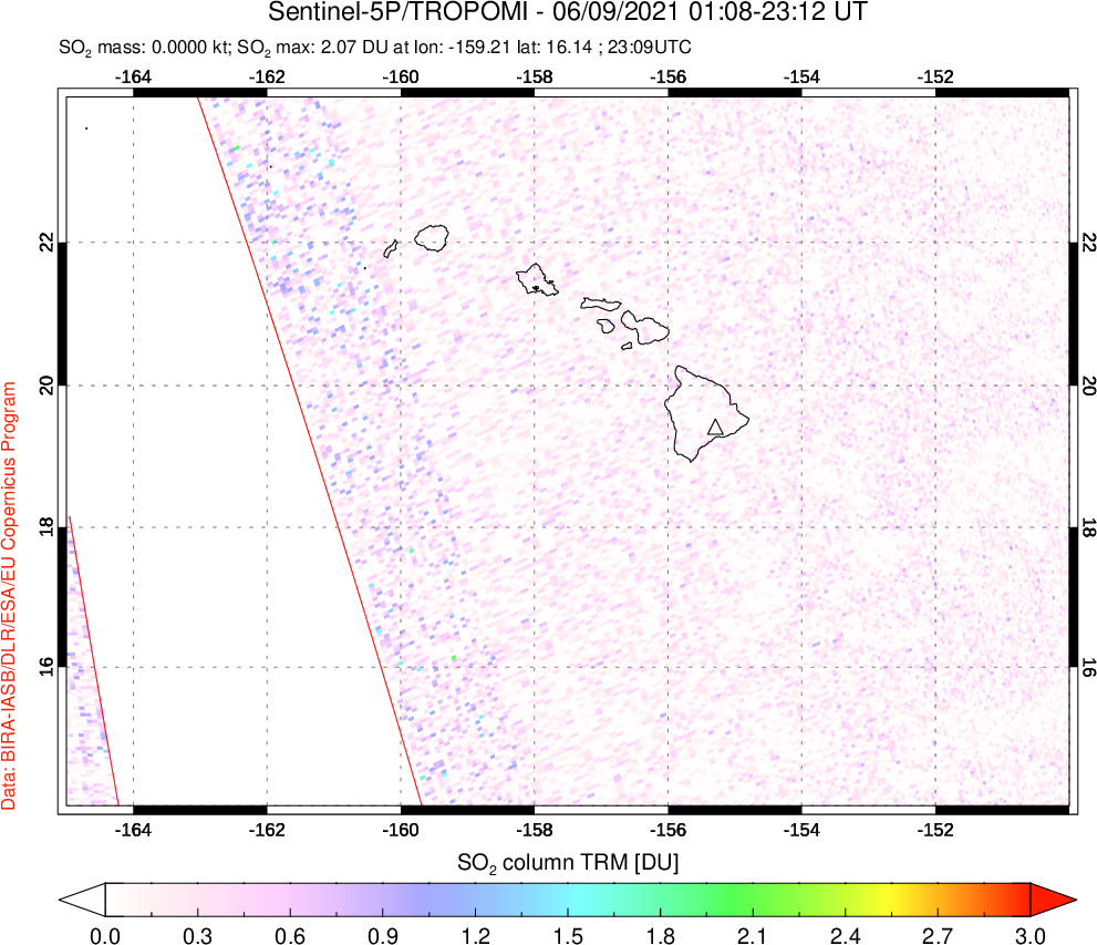 A sulfur dioxide image over Hawaii, USA on Jun 09, 2021.