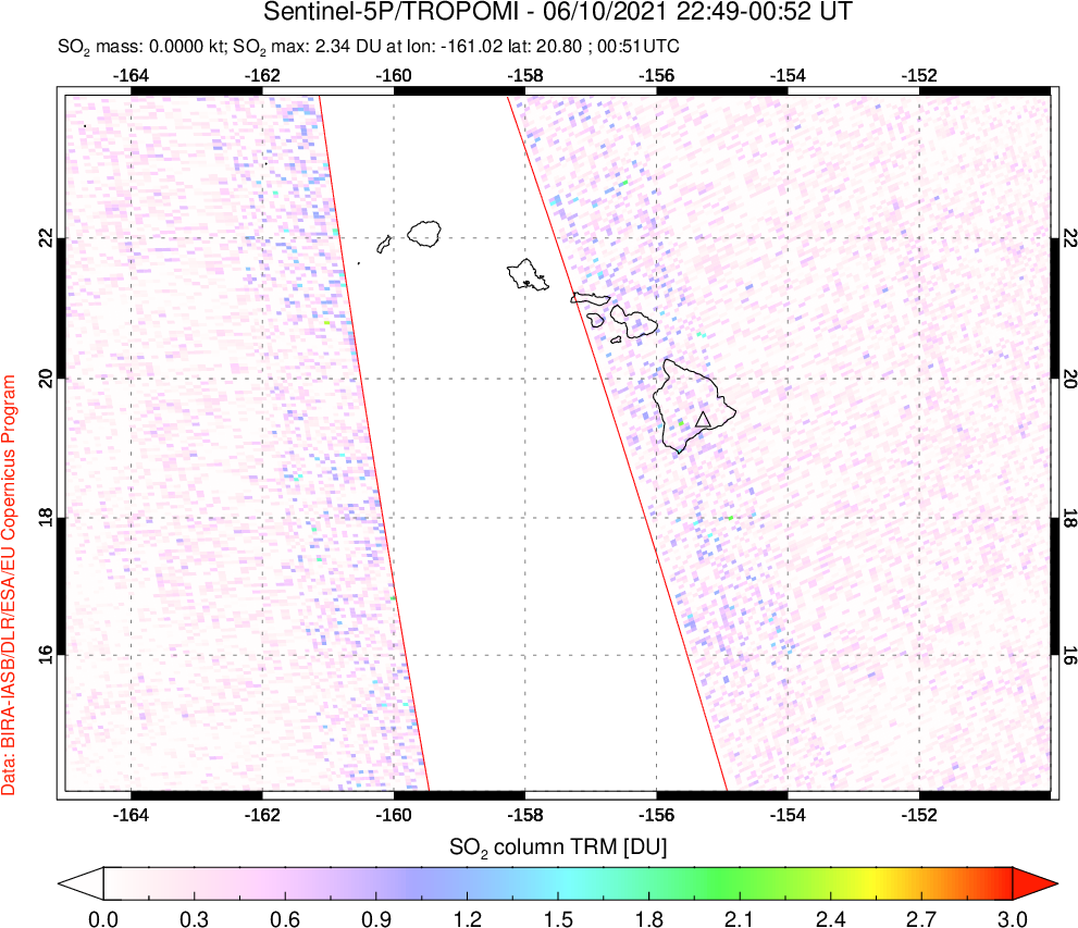 A sulfur dioxide image over Hawaii, USA on Jun 10, 2021.