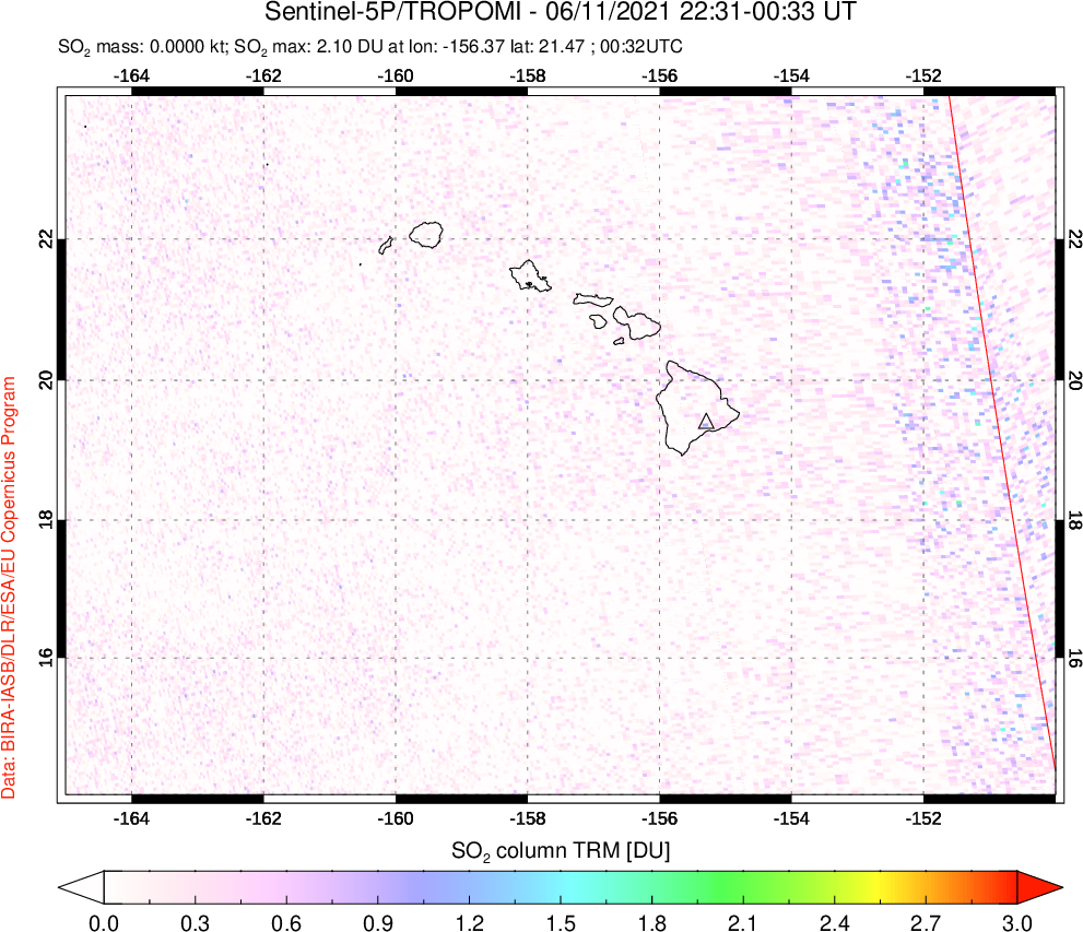 A sulfur dioxide image over Hawaii, USA on Jun 11, 2021.