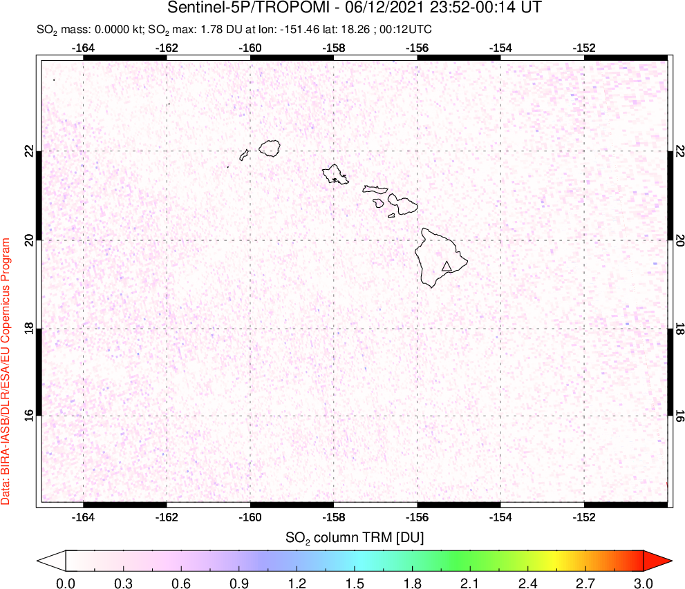 A sulfur dioxide image over Hawaii, USA on Jun 12, 2021.