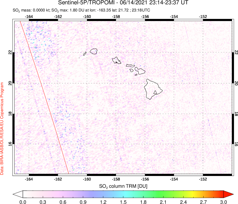 A sulfur dioxide image over Hawaii, USA on Jun 14, 2021.