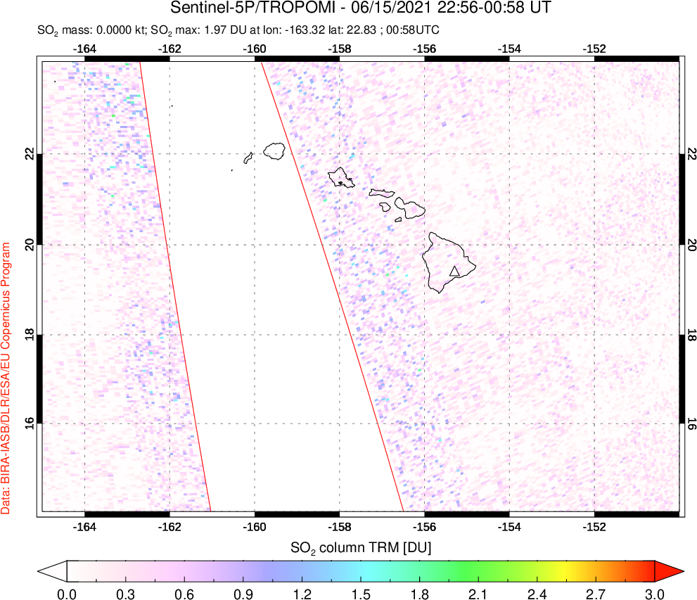 A sulfur dioxide image over Hawaii, USA on Jun 15, 2021.