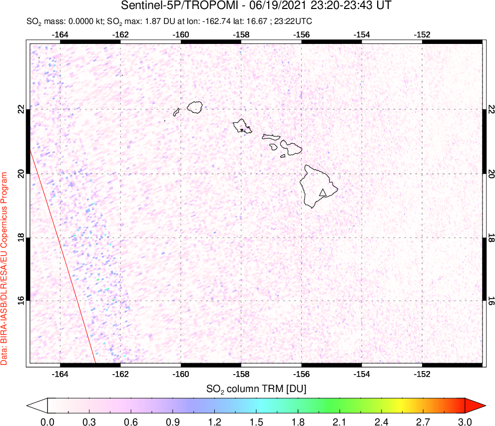 A sulfur dioxide image over Hawaii, USA on Jun 19, 2021.