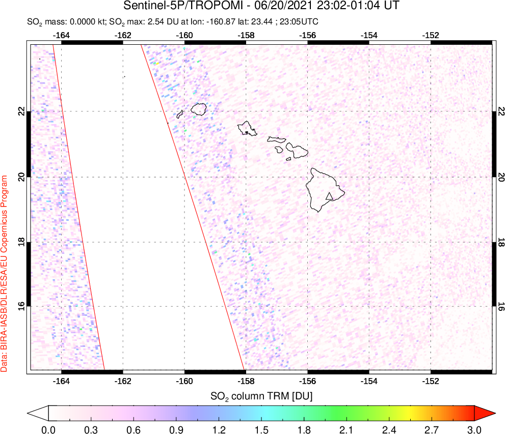 A sulfur dioxide image over Hawaii, USA on Jun 20, 2021.