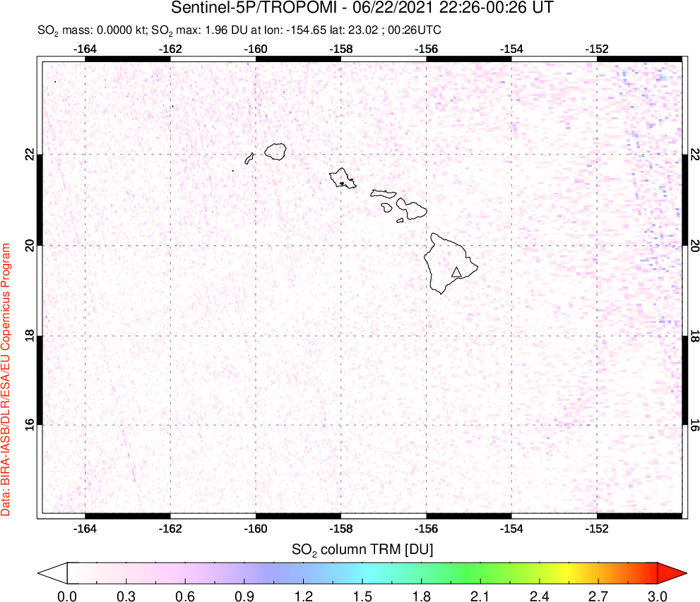A sulfur dioxide image over Hawaii, USA on Jun 22, 2021.