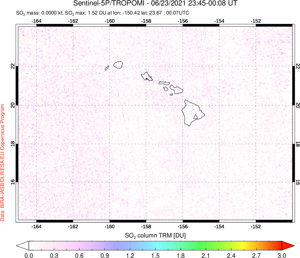 A sulfur dioxide image over Hawaii, USA on Jun 23, 2021.