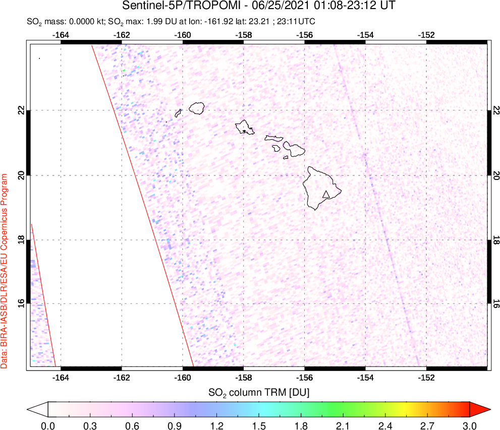 A sulfur dioxide image over Hawaii, USA on Jun 25, 2021.