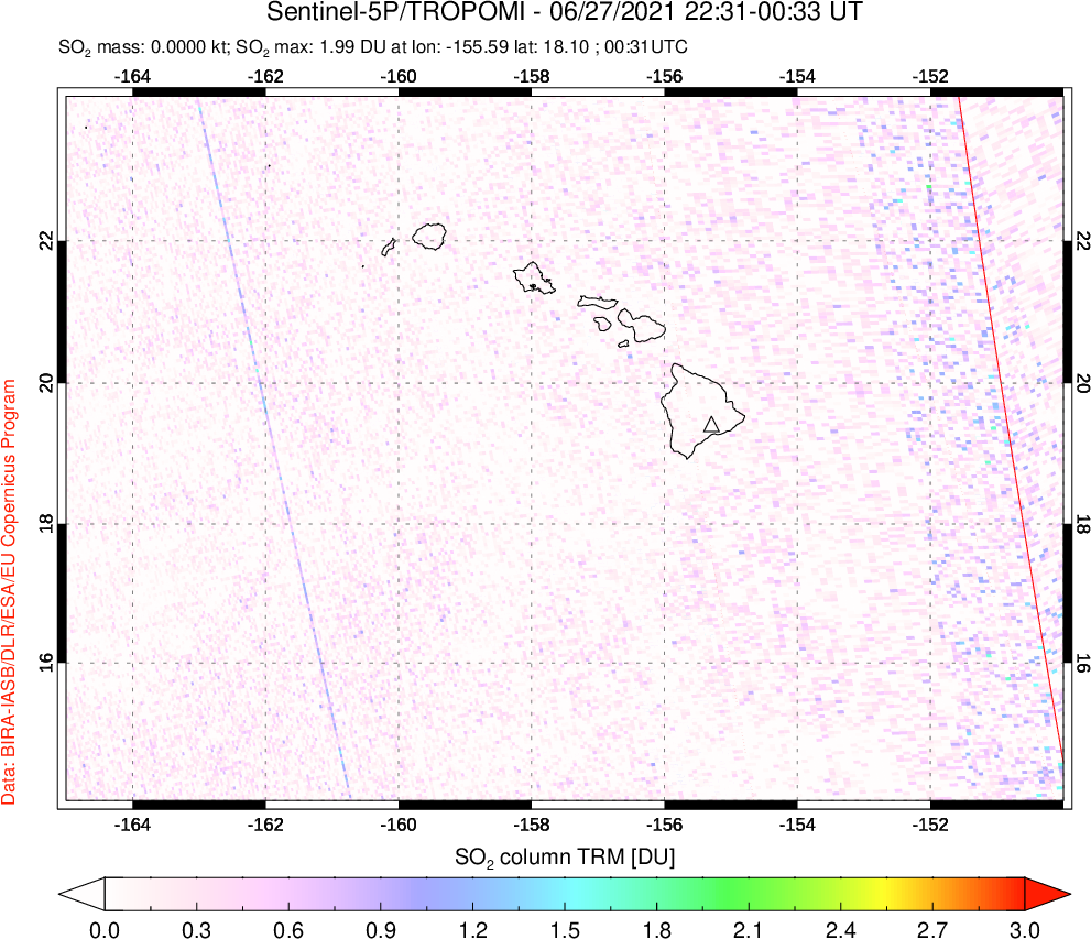 A sulfur dioxide image over Hawaii, USA on Jun 27, 2021.