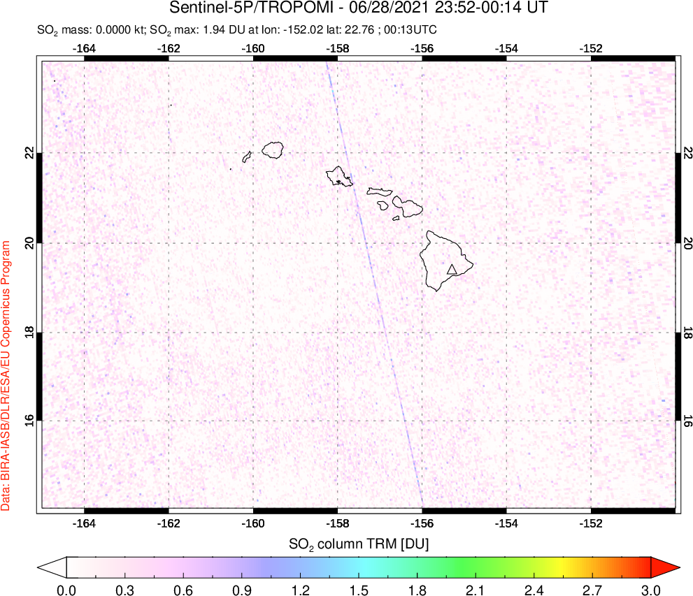 A sulfur dioxide image over Hawaii, USA on Jun 28, 2021.