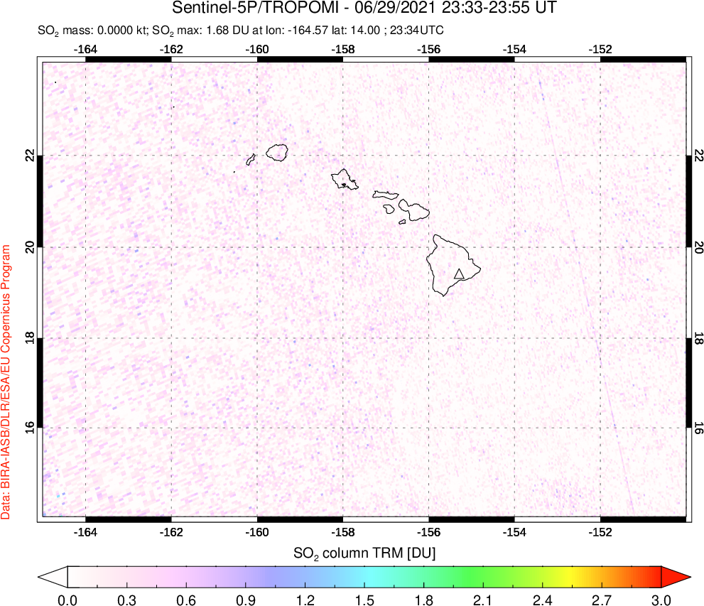 A sulfur dioxide image over Hawaii, USA on Jun 29, 2021.