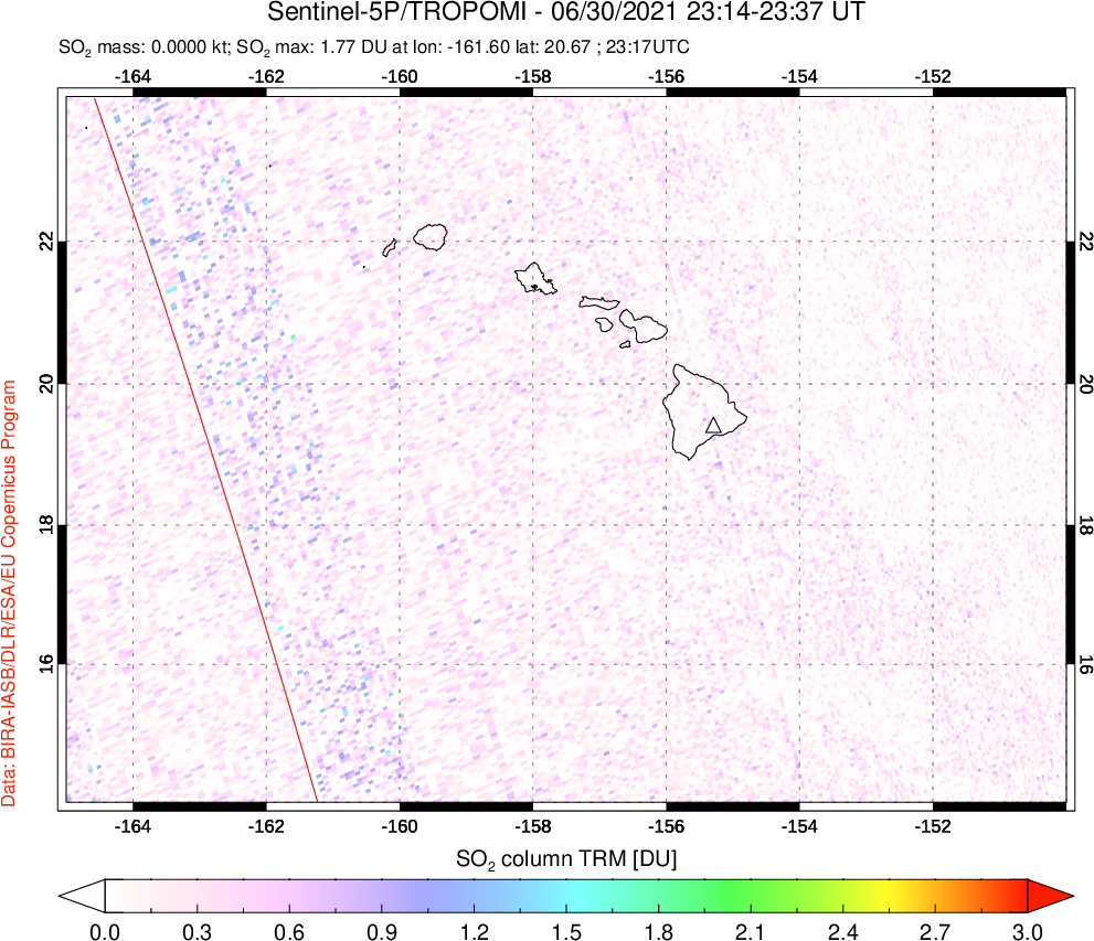 A sulfur dioxide image over Hawaii, USA on Jun 30, 2021.