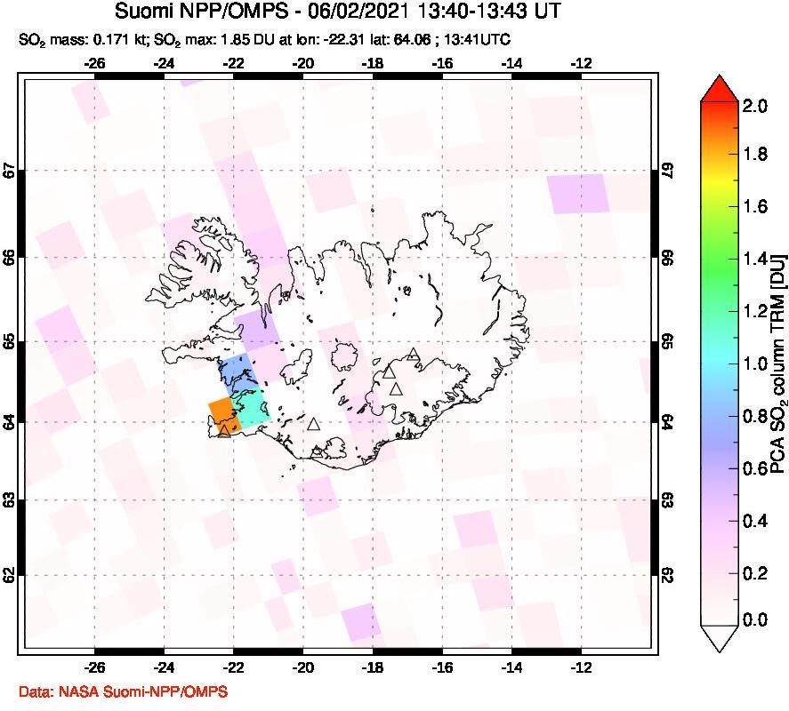A sulfur dioxide image over Iceland on Jun 02, 2021.