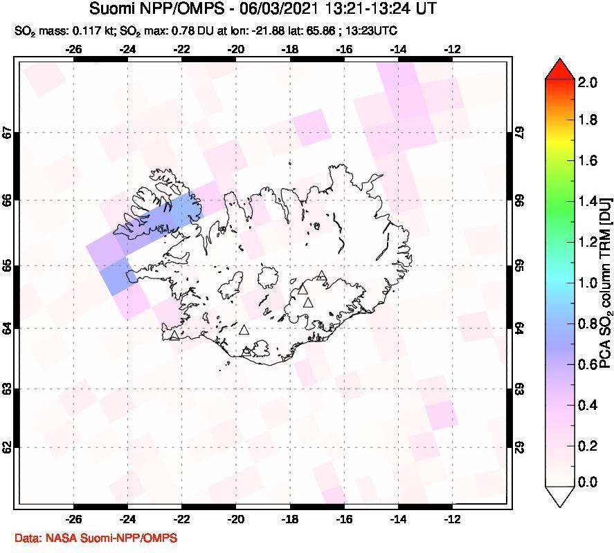 A sulfur dioxide image over Iceland on Jun 03, 2021.
