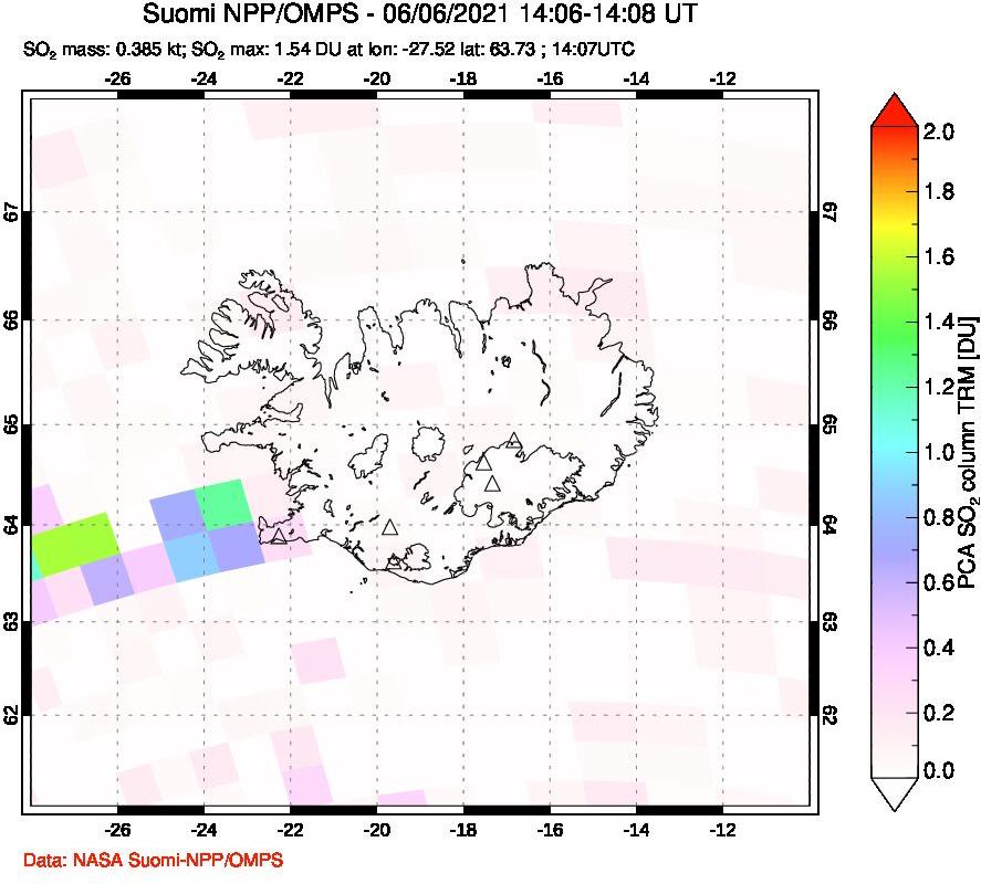 A sulfur dioxide image over Iceland on Jun 06, 2021.