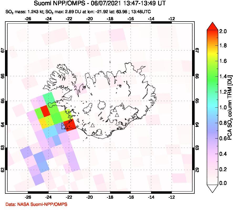 A sulfur dioxide image over Iceland on Jun 07, 2021.