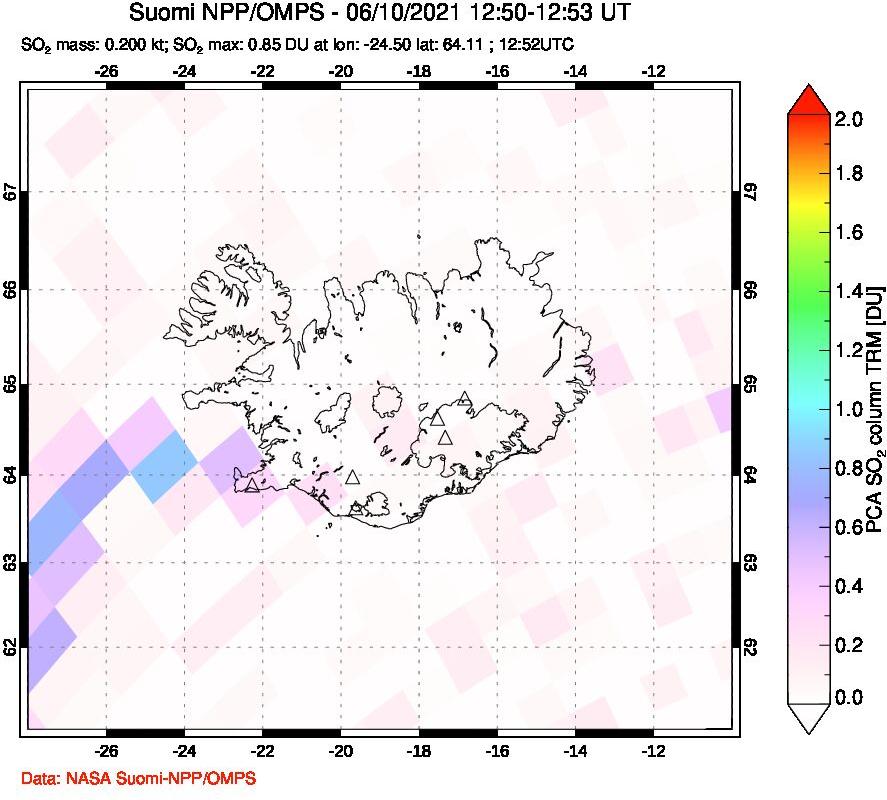 A sulfur dioxide image over Iceland on Jun 10, 2021.