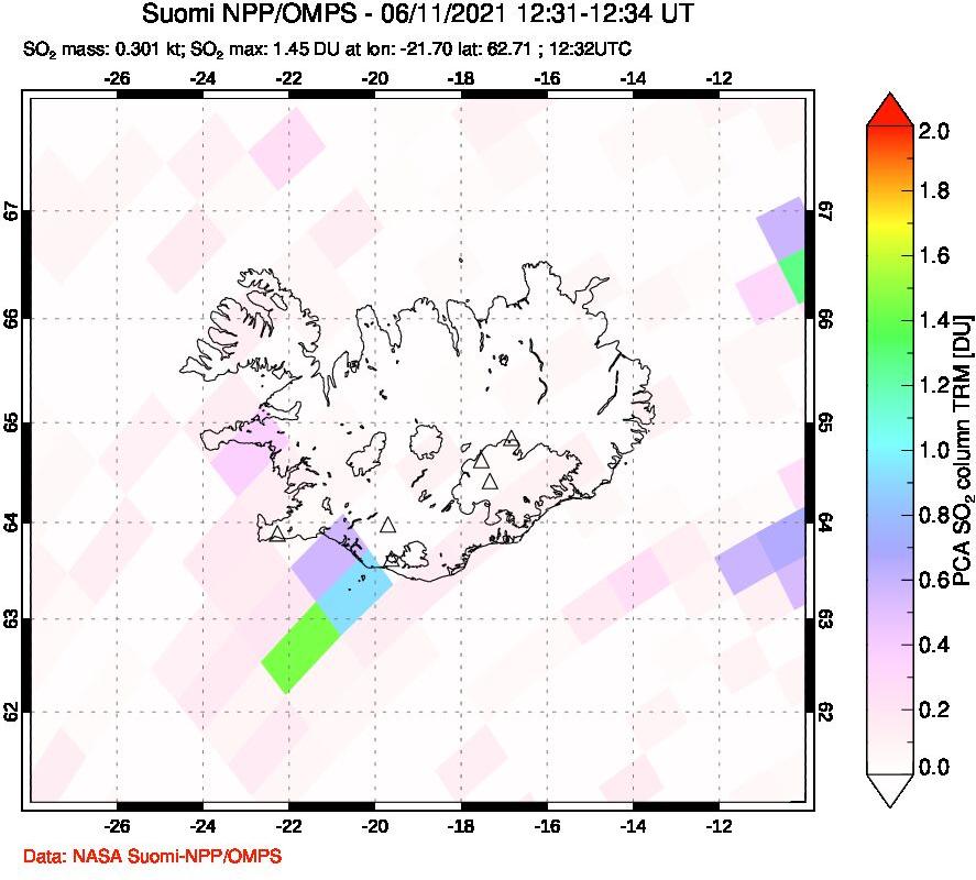 A sulfur dioxide image over Iceland on Jun 11, 2021.