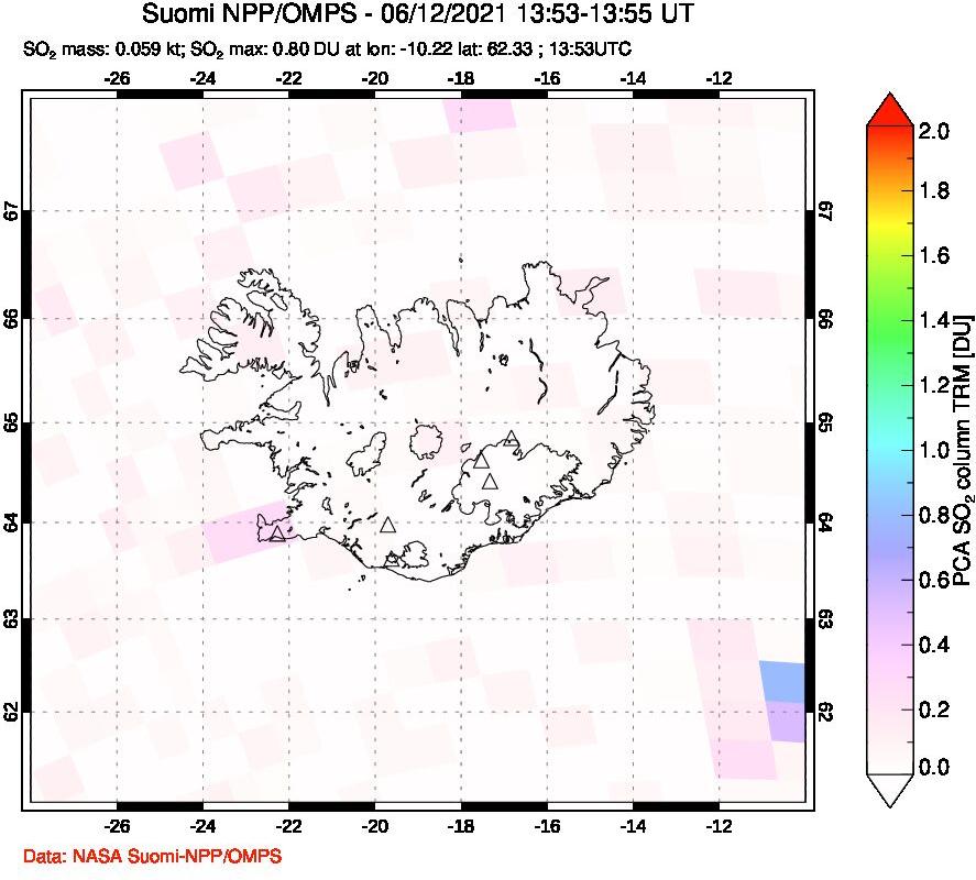 A sulfur dioxide image over Iceland on Jun 12, 2021.