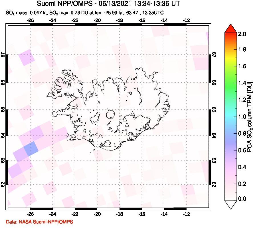 A sulfur dioxide image over Iceland on Jun 13, 2021.