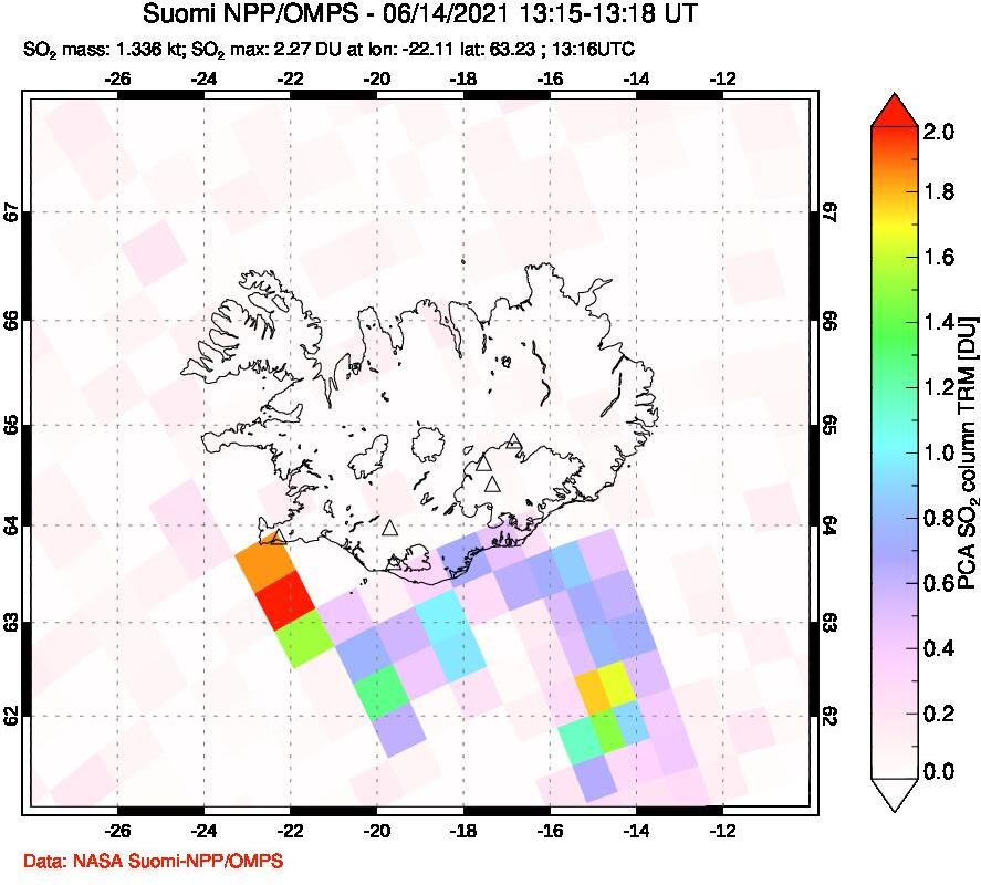 A sulfur dioxide image over Iceland on Jun 14, 2021.
