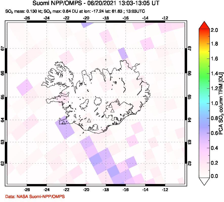 A sulfur dioxide image over Iceland on Jun 20, 2021.