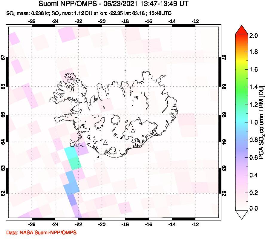A sulfur dioxide image over Iceland on Jun 23, 2021.
