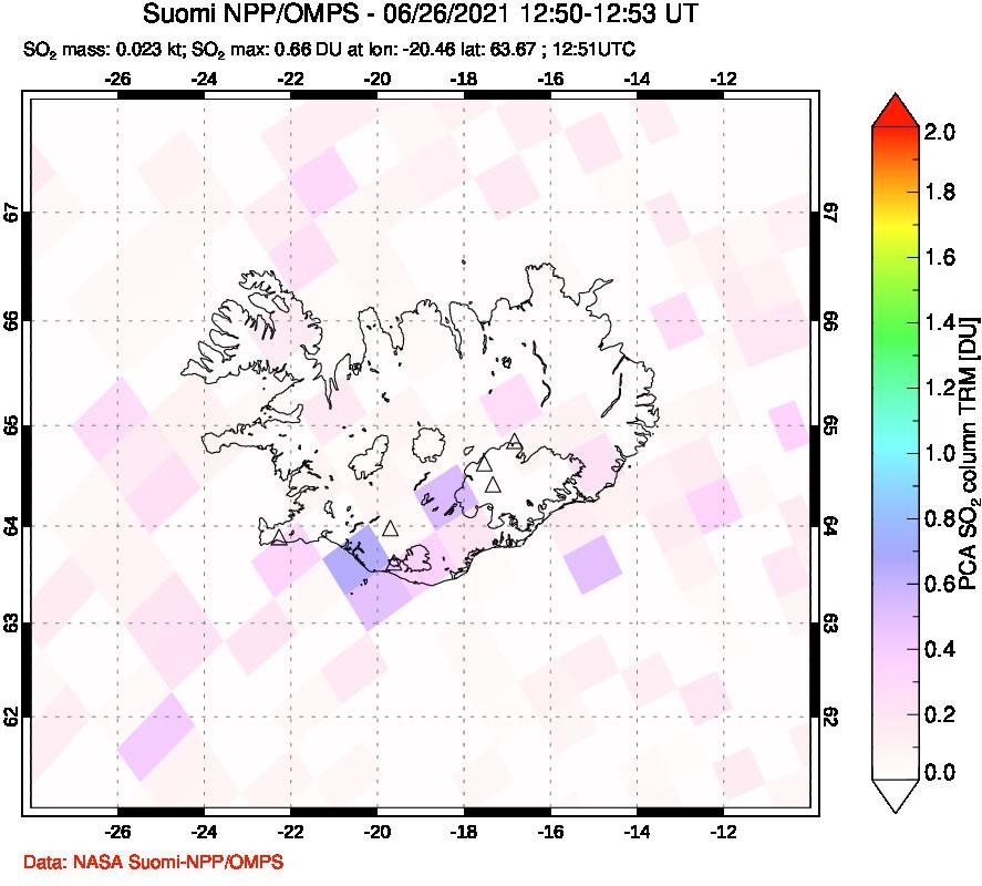 A sulfur dioxide image over Iceland on Jun 26, 2021.