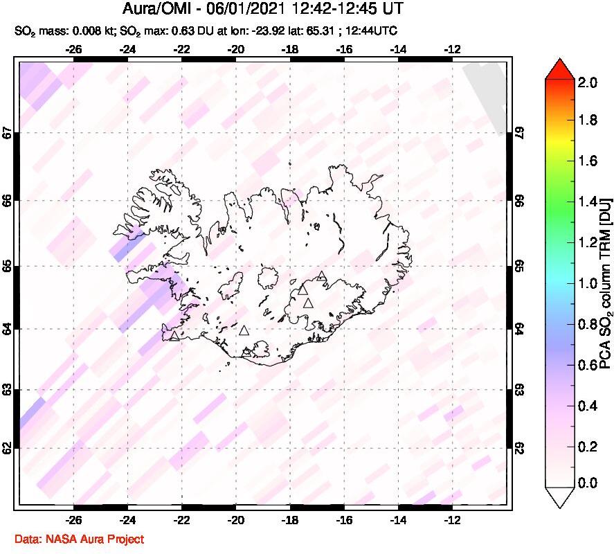 A sulfur dioxide image over Iceland on Jun 01, 2021.