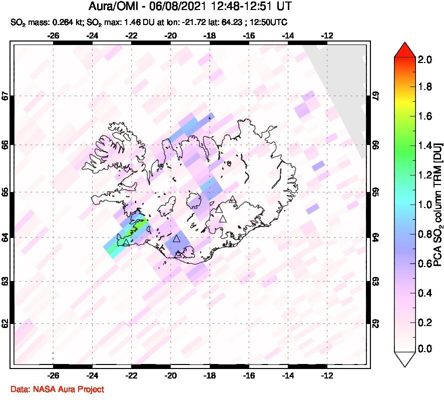 A sulfur dioxide image over Iceland on Jun 08, 2021.