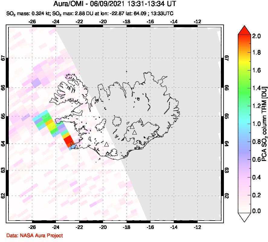 A sulfur dioxide image over Iceland on Jun 09, 2021.