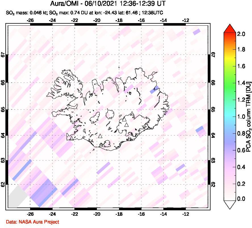 A sulfur dioxide image over Iceland on Jun 10, 2021.